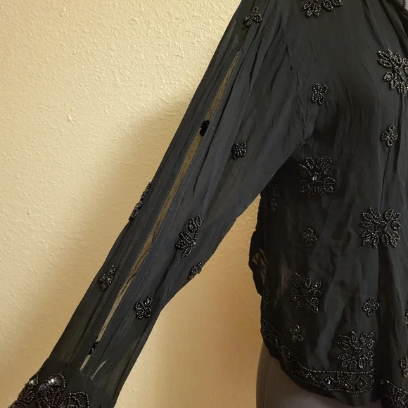 Papillon Sheer Black Beaded & Sequined Button-Up Top Size Large - Picture 5 of 13